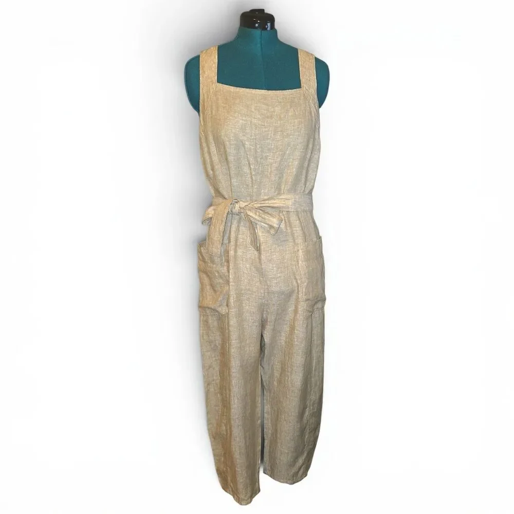Everlane Linen Jumpsuit Size 14 Beige Belted Square Neck Button Sides Sleeveless